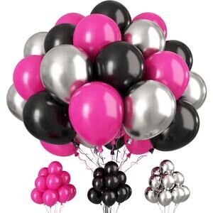 Hot Pink Black Silver Latex Balloons 30Pcs 12in w/Ribbons Decoration